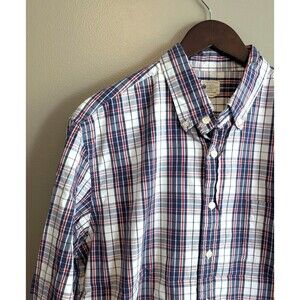 J. Crew Mens Large Red Plaid Sunwashed Oxford Shirt Button Down Cotton OCBD Ivy